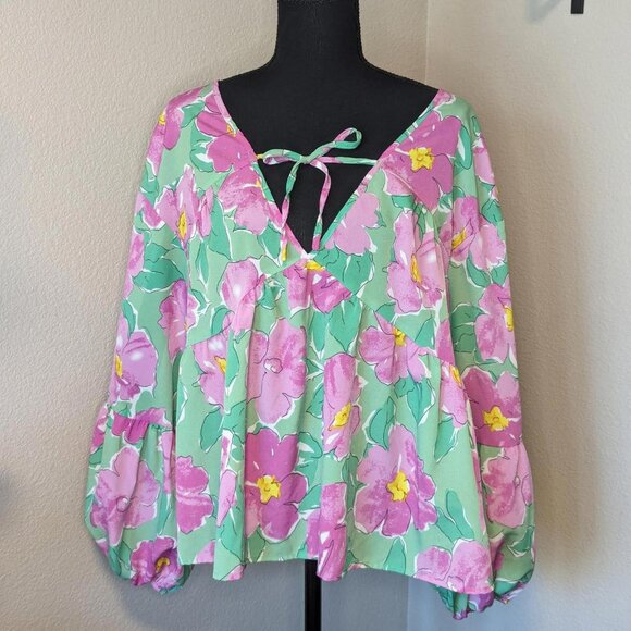 SHEIN Unity Floral Print Knot‎ Front Lantern Sleeve Blouse - Picture 1 of 8